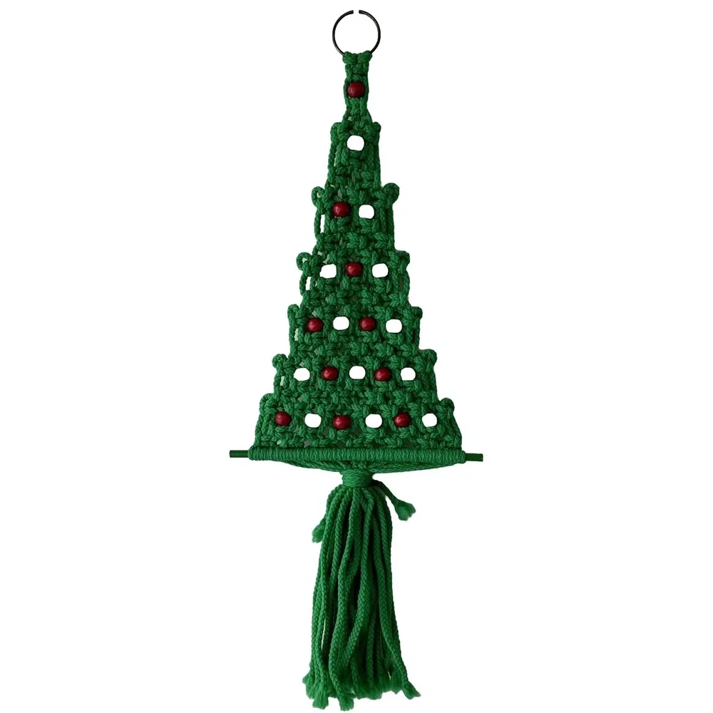 Vtg Macrame Crochet Handmade Christmas Tree Wall Hanging Large Green Red 32 X 12